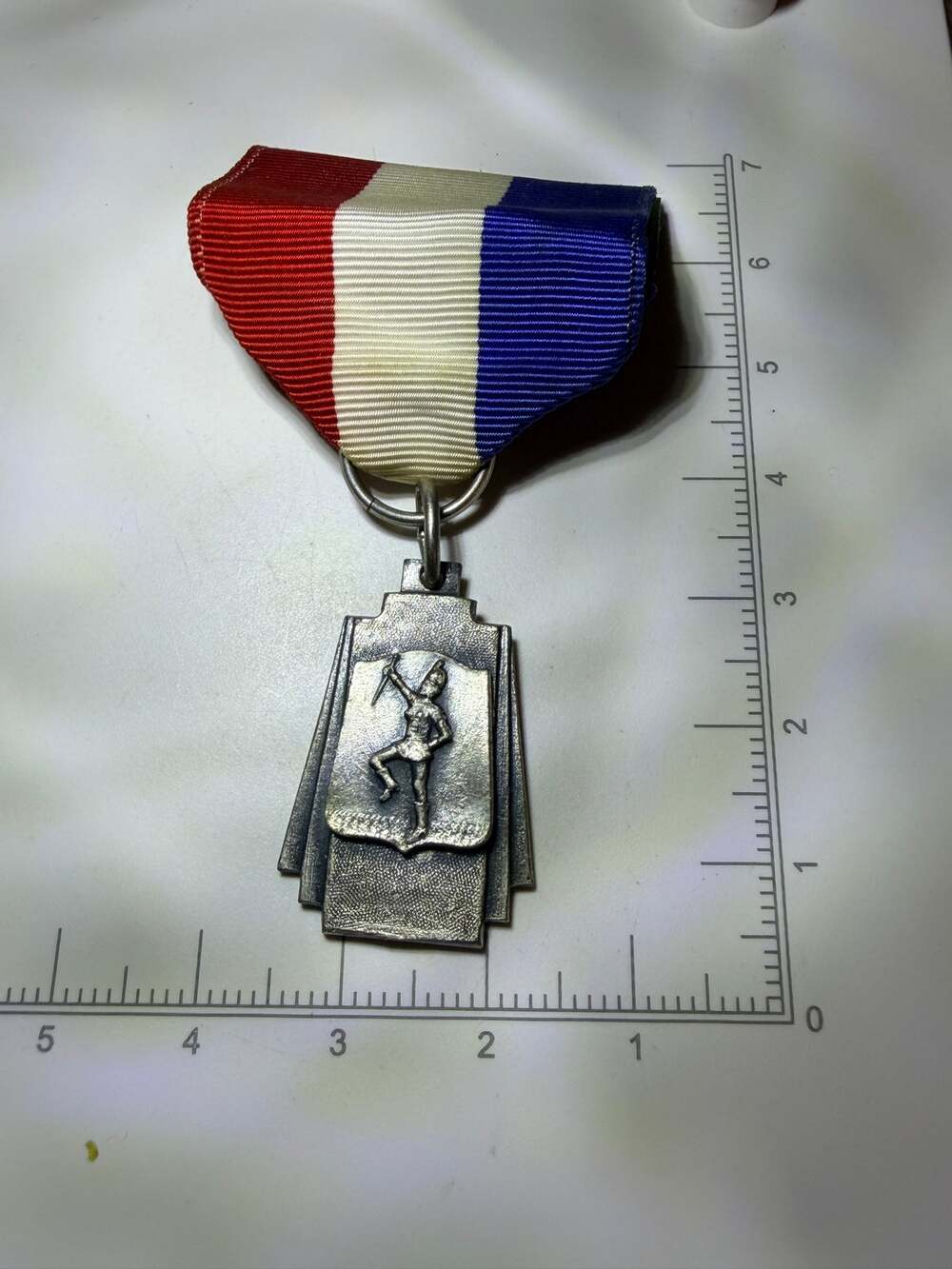 Vintage Marching Band Drum Major Medal Red White Blue Ribbon Silver Tone